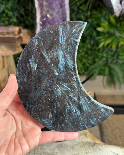 Arfvedsonite with garnet moon on stand