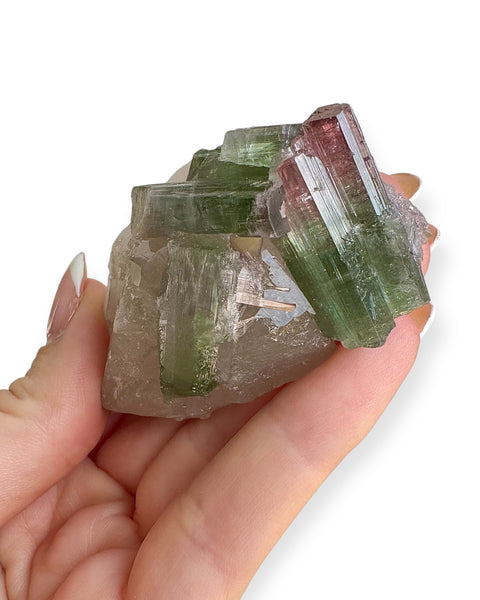 Watermelon tourmaline on smoky quartz