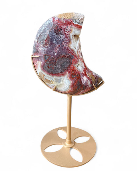 Mexican agate crystal moon carving on stand