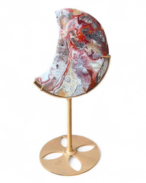 Mexican agate crystal moon carving on stand