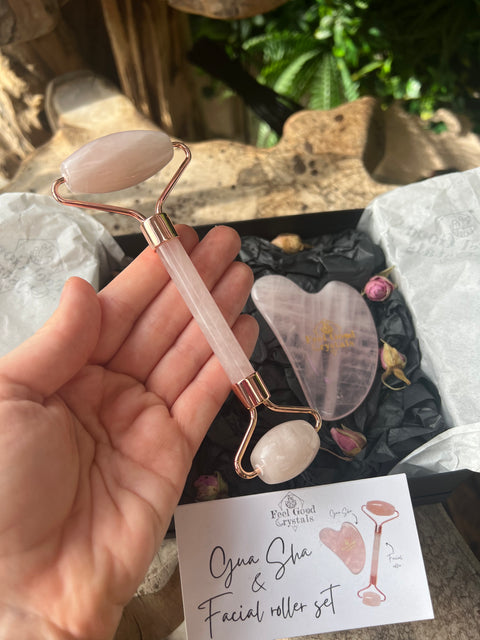 Rose Quartz facial roller & gua sha set
