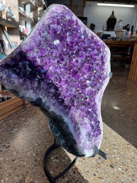 High grade Uruguayan amethyst on stand