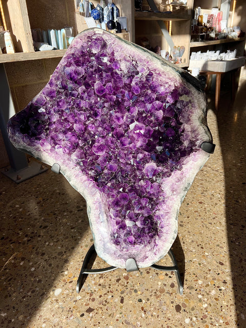 High grade Uruguayan amethyst on stand