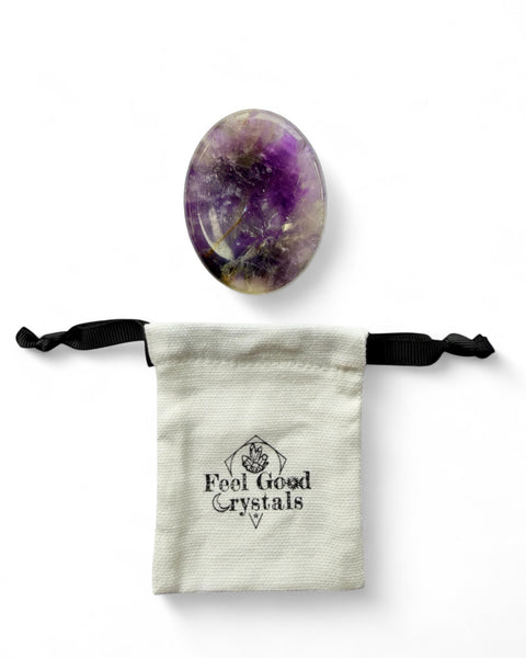 Amethyst crystal thumb worry stone with Feel Good Crystals drawstring pouch