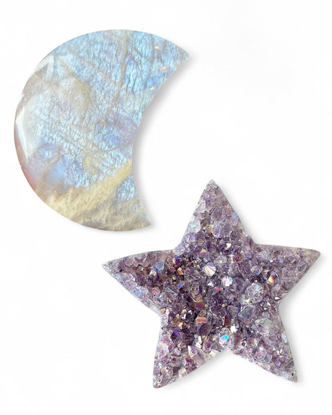 Moonstone moon and amethyst star carvings