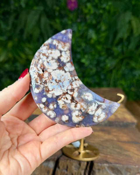 Blue flower agate moon on stand