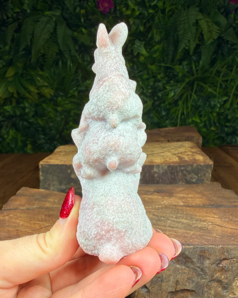 Pink opal three bunny rabbit carving