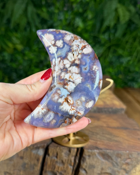 Blue flower agate moon on stand