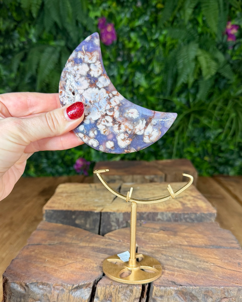 Blue flower agate moon on stand