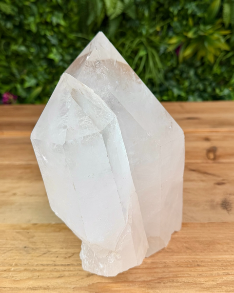 Clear crystal pyramid on a wooden surface with a green leafy background