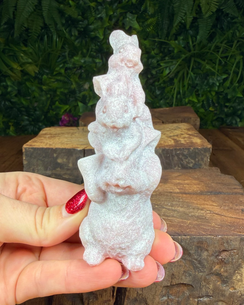 Pink opal three bunny rabbit carving