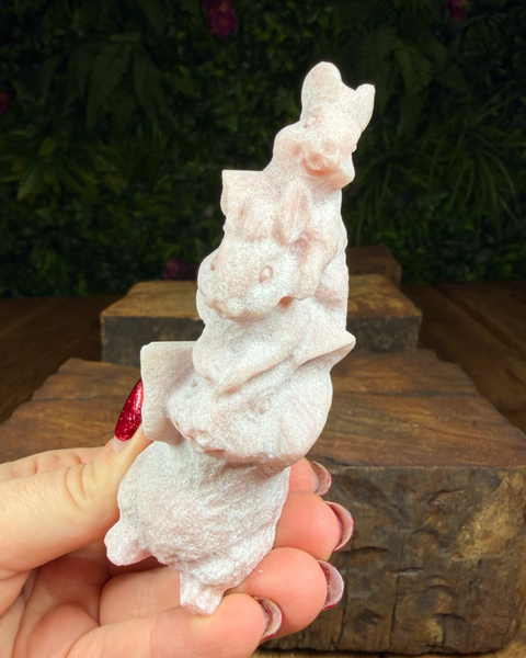 Pink opal three bunny rabbit carving