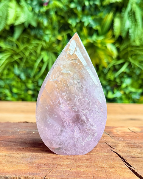 Teardrop-shaped crystal on a wooden surface with a green leafy background
