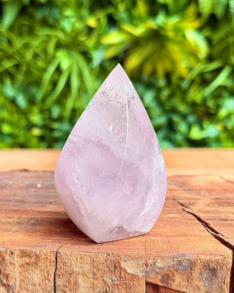 Purple  crystal on a wooden surface with a green leafy background