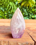 Amethyst crystal on a wooden surface with a blurred green foliage background