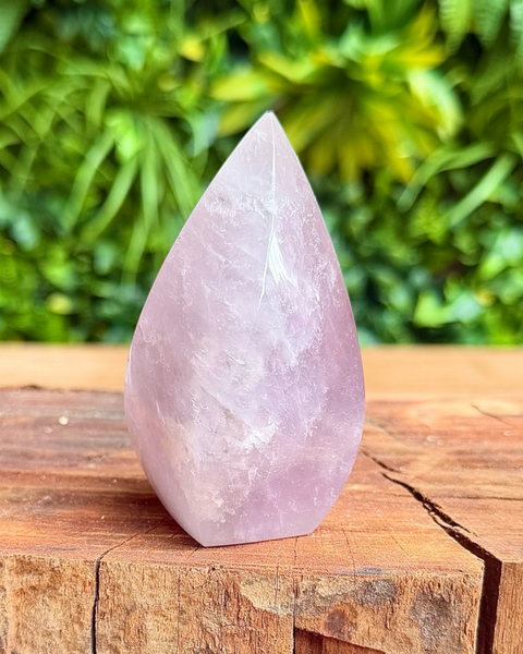 flame shaped crystal on wood with green background