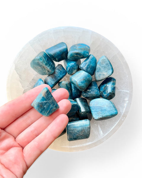 Hand holding an apatite tumble stone in hand 