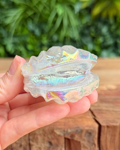 Iridescent shell-shaped object held in a hand with a blurred green background