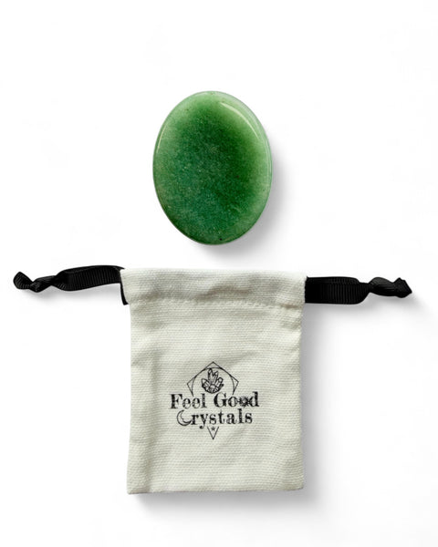 Aventurine crystal thumb worry stone with Feel Good Crystals drawstring pouch