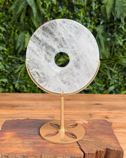 clear quartz bi disc carving on stand