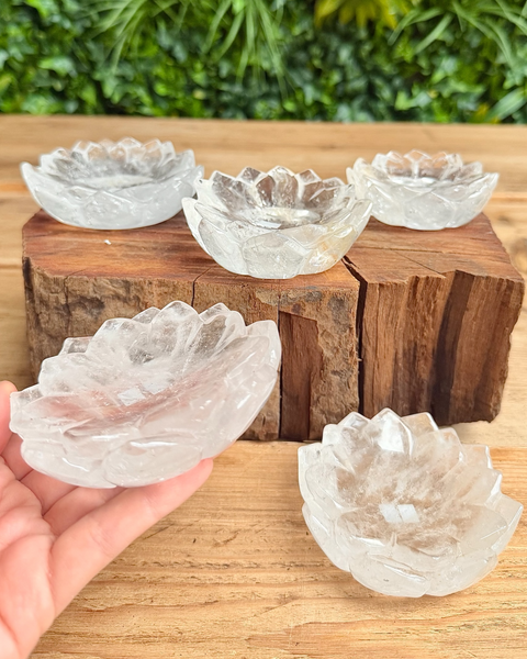 Clear glass bowls with a textured edge on a wooden block, held by a hand against a natural background.