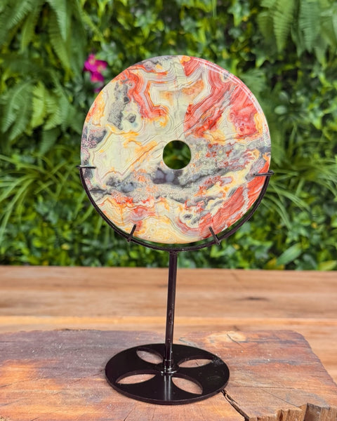 crazy lace agate doughnut carving on stand