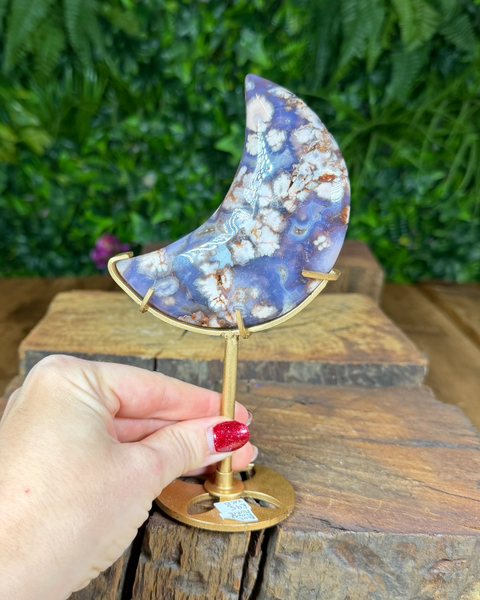 Blue flower agate moon on stand