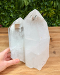 Clear crystal rock held by a hand on a wooden surface with greenery in the background