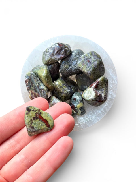 dragon blood jasper tumble stone in hand