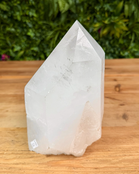 Clear crystal on a wooden surface with a blurred green background