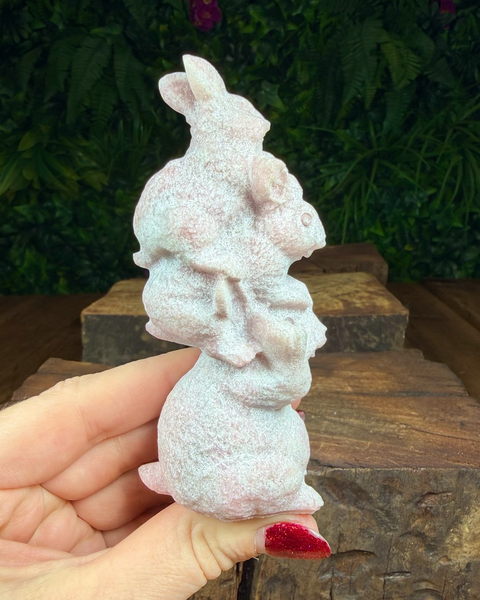 Pink opal three bunny rabbit carving