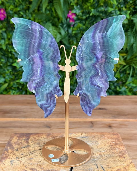 Fluorite butterfly wing carving on gold stand with translucent purple and green banding.