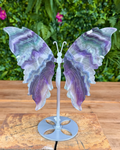 Fluorite butterfly wing crystal carving on silver stand with purple and green bands.