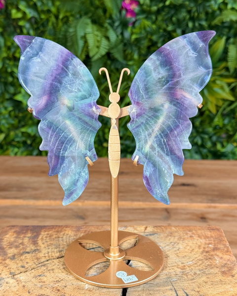 Natural fluorite butterfly wing carving on gold stand with layered green and purple hues.