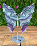 Fluorite butterfly wing carving on silver stand showcasing purple and green bands.