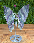 Polished fluorite butterfly wings on silver stand with layered green and purple hues.