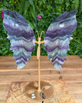 Butterfly wings with a gold stand on a wooden surface with greenery in the background