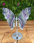 Polished fluorite butterfly wings on silver stand with layered green and purple hues