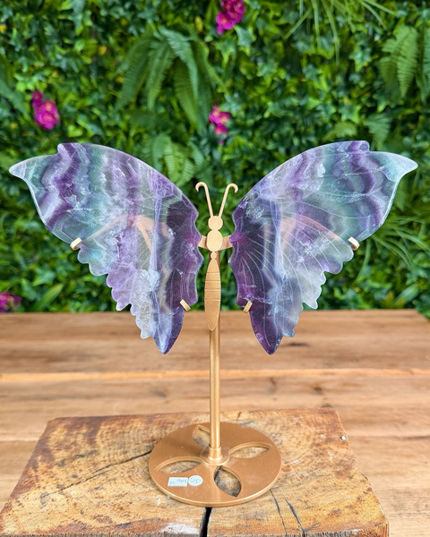 Purple and green fluorite butterfly wing carving on gold metal stand.