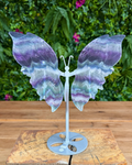 Fluorite butterfly carving on gold display stand with multi-tone banding.