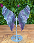 Fluorite butterfly wing crystal on silver stand with layered purple and green colour.