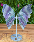 Fluorite butterfly wing carving on silver display stand with natural banding.