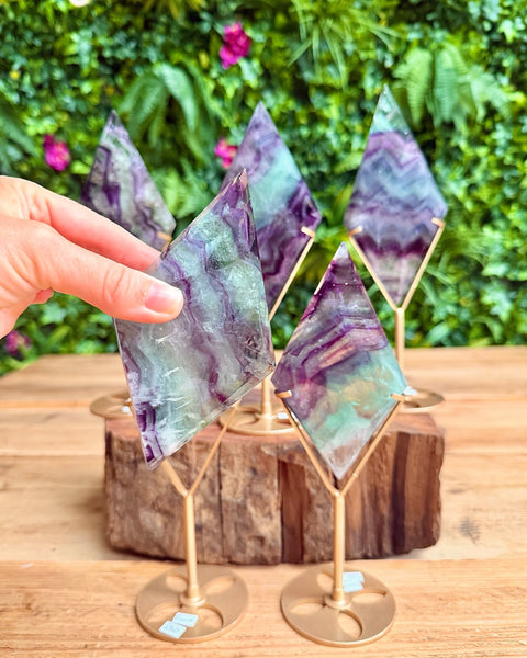 Colorful crystal fluorite objects on gold stands with a hand interacting with one, set against a natural background.