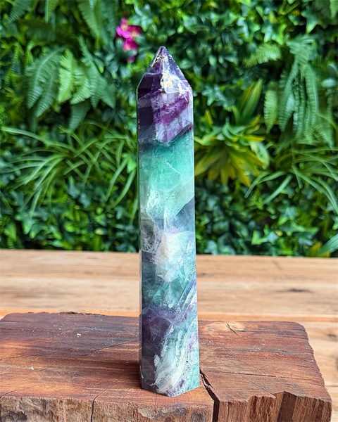 Fluorite tower with purple and green banding