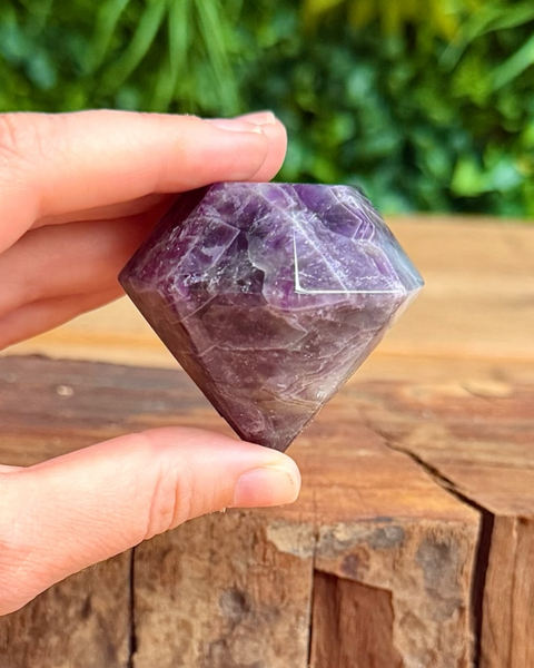 Hand holding a purple crystal on a wooden surface with greenery in the background
