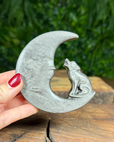 Silver sheen obsidian moon & wolf carving