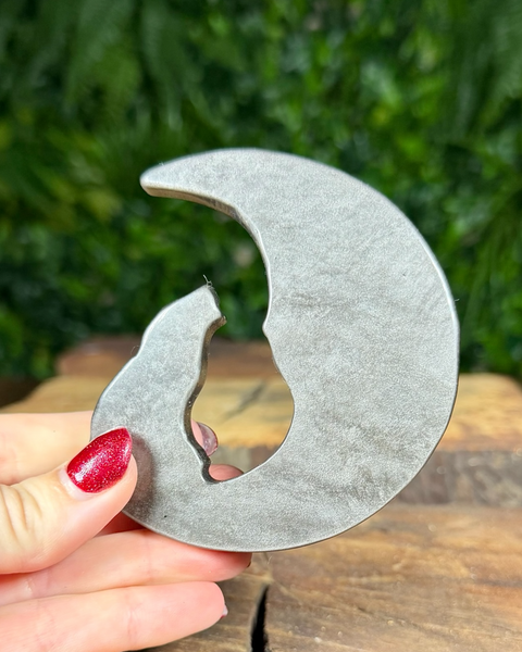 Silver sheen obsidian moon & wolf carving