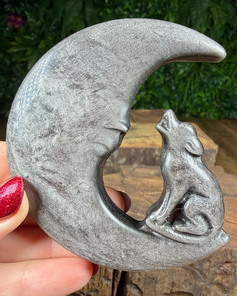 Silver sheen obsidian moon & wolf carving