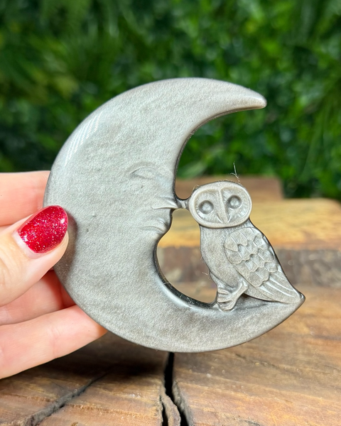 silver sheen obsidian moon and owl carving