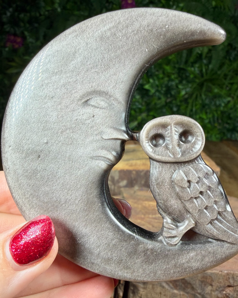 Silver sheen obsidian moon & owl carving